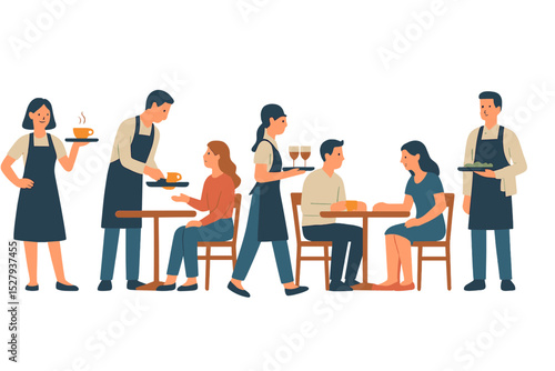 Restaurant scene showing wait staff serving customers seated at tables in a dining area