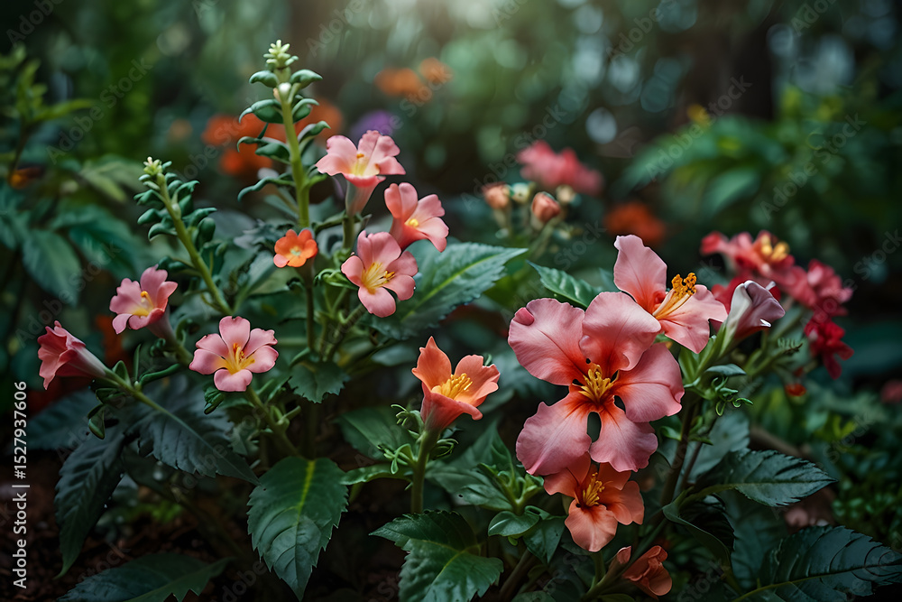 custom made wallpaper toronto digitalPink, colorful blooming flowers, vibrant foliage in a lush garden landscape, new batch of celosia blooms, bright pink flowers, deep purple black leaves of the weigela, wine and roses.