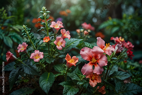 Wallpaper Mural Pink, colorful blooming flowers, vibrant foliage in a lush garden landscape, new batch of celosia blooms, bright pink flowers, deep purple black leaves of the weigela, wine and roses. Torontodigital.ca