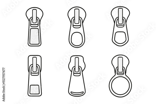 Six different zipper puller designs isolated on a plain white background in a vector cartoon