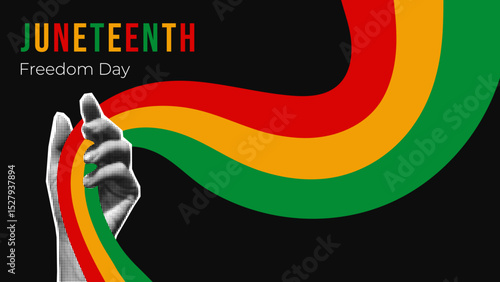 Juneteenth Freedom Day Abstract Background, Banner, Poster, Greeting Card. June 19. African-American history and heritage. Juneteenth flag wave in collage human hand 