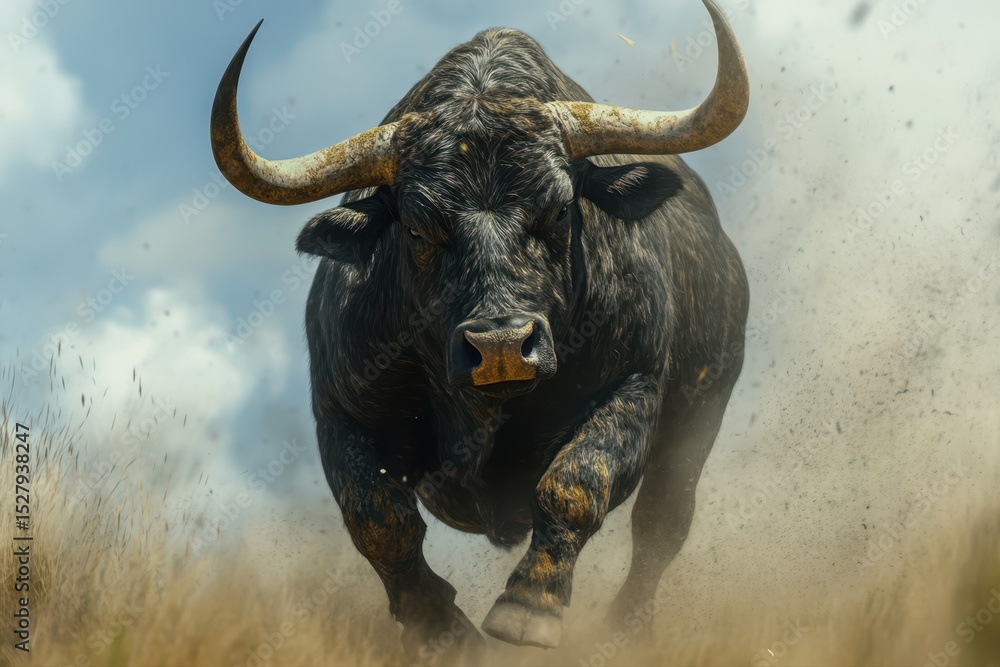 Fototapeta premium Magnificent Tambadau: Majestic Borneo Wild Cattle Emerging from Dust.