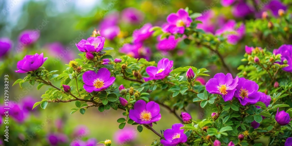 Obraz premium Dense thorny briar bushes blooming with vibrant purple flowers in full bloom