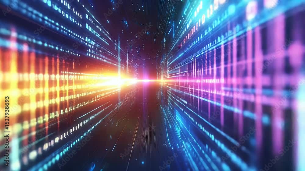 Abstract digital landscape with streaming light beams and glowing data structures Abstract digital landscape with streaming light beams and glowing data structures