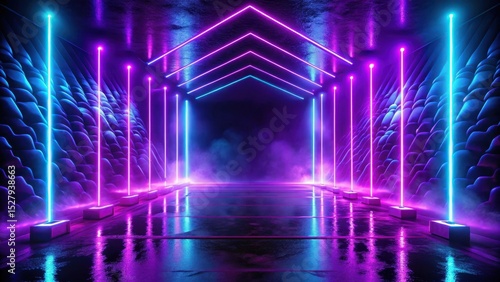 Electric purple glow on a darkened stage with neon signs and abstract patterns