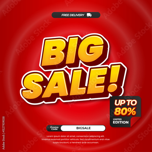 Big Sale discount deals with Soft red whirlpool gradient Editable text effect Promotion Marketing Square banner