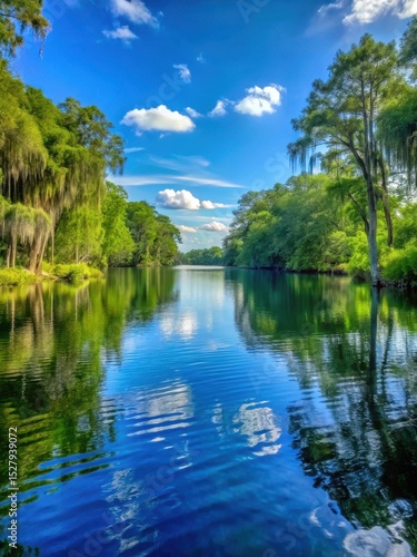 A serene lake scene with dark blue water and soft waves on a riverbank surrounded by lush greenery and tall trees