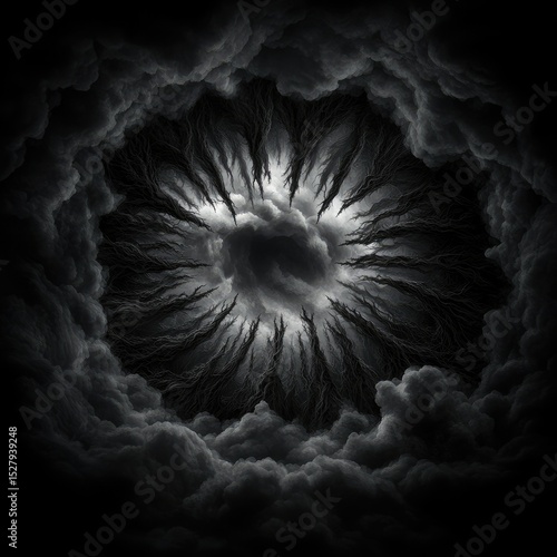 Dark eye, surrounded by storm clouds