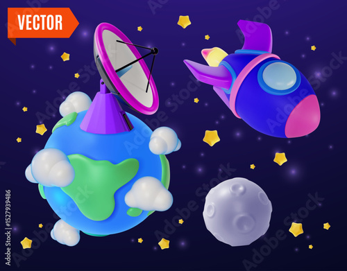 3d Space Exploration Concept Satellite Dish Signal Radar on Earth Planet Cartoon Design Style. Vector illustration