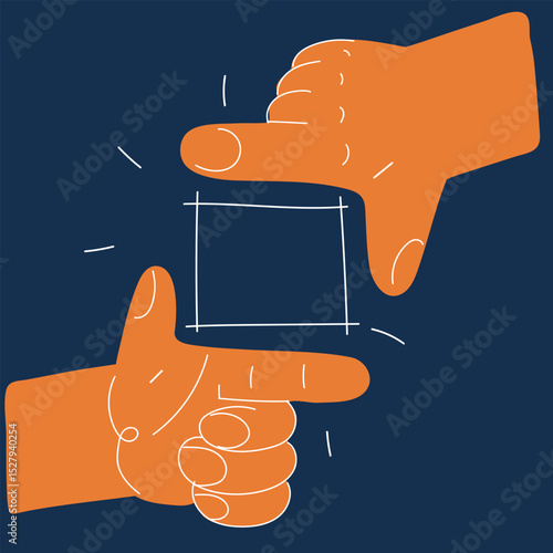 Cartoon vector illustration of hands shaping an invisible frame, symbolizing creativity, focus, and artistic vision over dark background
