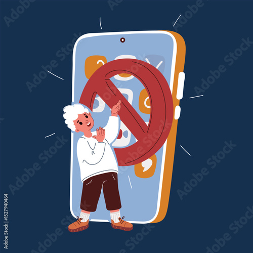 toon vector illustration of a boy trapped inside a smartphone screen, struggling to unlock a locked app, symbolizing digital addiction and parental restrictions over dark background