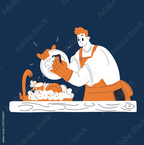 Cartoon vector illustration of a man washing dishes at work, highlighting multitasking and workplace responsibilities over dark background