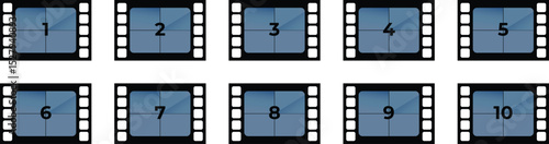 Countdown timer film strip with numbers 1 to 10 for cinema start sequence