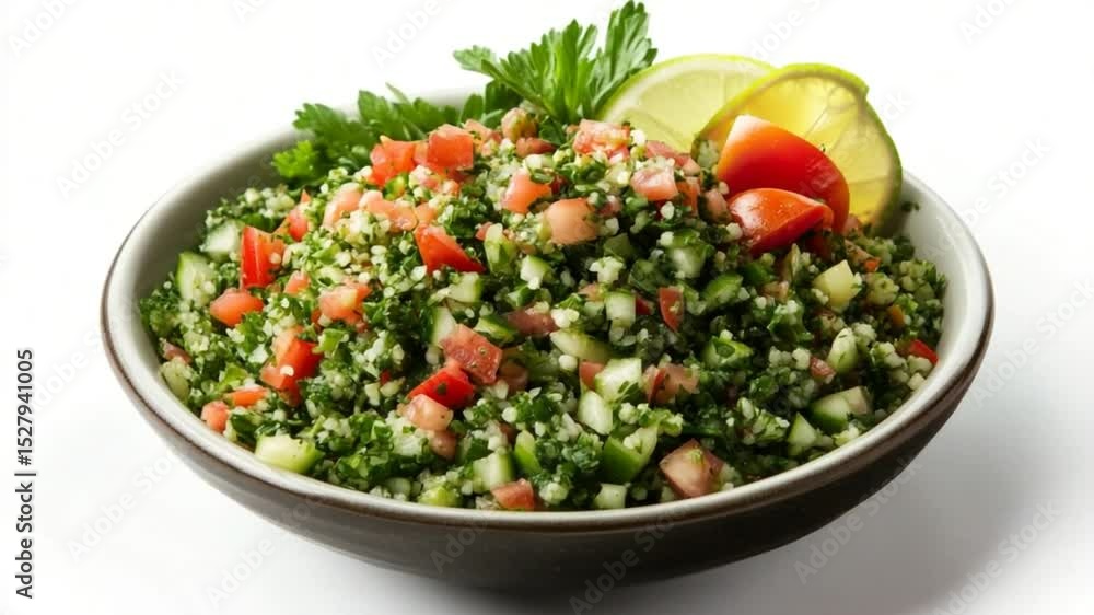 Fresh and Vibrant Tabbouleh Salad Displayed in Rustic Bowl, White Background Fresh and Vibrant Tabbouleh Salad Displayed in Rustic Bowl, White Background