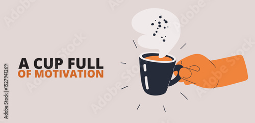 Cartoon vector illustration of a hand holding a steaming coffee cup, symbolizing morning inspiration and new beginnings