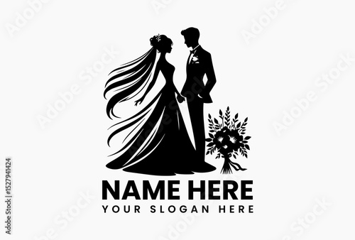 Elegant black silhouette vector logo of a modern wedding couple holding hands with floral accents. Wedding concept