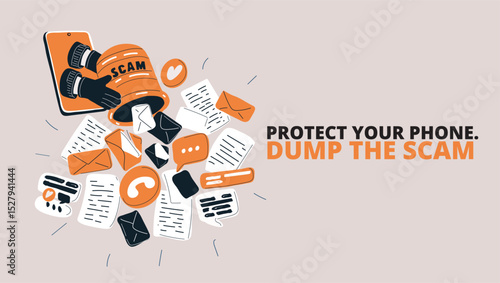 Cartoon vector illustration of hands launching a flood of spam from a smartphone, symbolizing digital scams and cyber threats