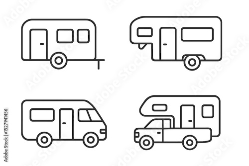 Different types of recreational vehicles line art icon vector illustration showing various travel trailers and campers