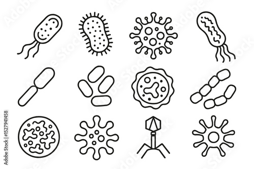 Different types of bacteria, viruses, and microbes represented as isolated line art vector icons