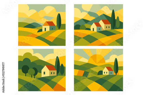 Four scenes of Rural Countryside with Houses, Trees, and Fields at Different Times of the Day