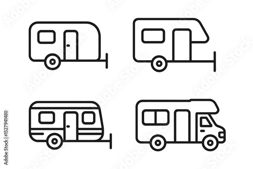 Assortment of caravan and recreational vehicle icons in simple black and white vector format
