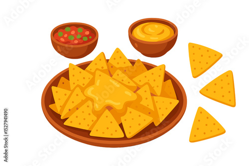 Plate of golden nachos with melting cheese and bowls of salsa and cheese dip
