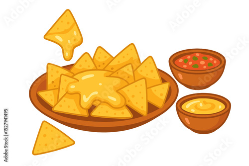Bowl of nachos with melted cheese and two sauces cartoon vector illustration