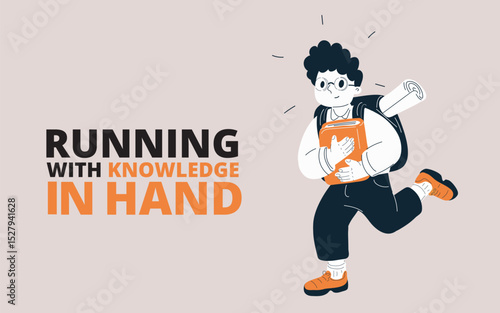Cartoon vector illustration of a schoolboy dashing with a book in hand, eager to learn and explore new ideas, symbolizing curiosity and youthful energy