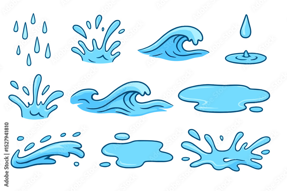 Fototapeta premium Cartoon water elements isolated on white background illustrating drops, waves and puddles