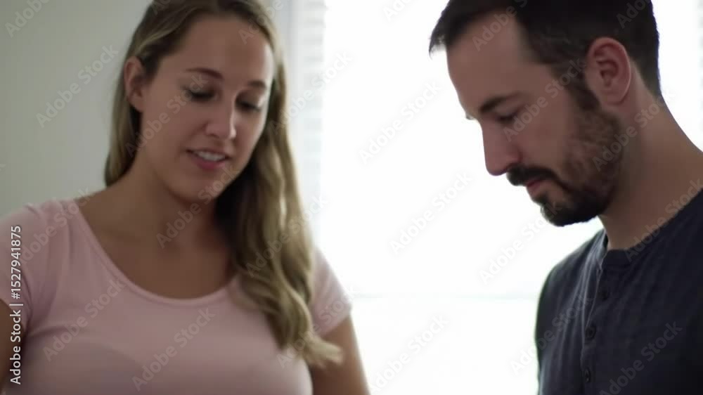 Young couple holds up baby clothing item while standing in brightly lit room. Woman smiles gently. Concept: parenthood, expecting baby, preparation Young couple holds up baby clothing item while standing in brightly lit room. Woman smiles gently. Concept: parenthood, expecting baby, preparation