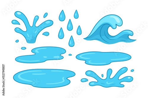Collection of cartoon water icons isolated on white background, including splashes, drops, puddles and wave
