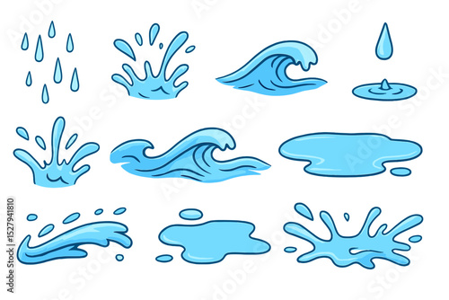 Cartoon water elements isolated on white background illustrating drops, waves and puddles