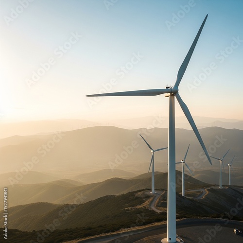 close up of a wind turbine at the windmill farm mountaintop as the concept of sustainable renewable alternative energy for the eco protection