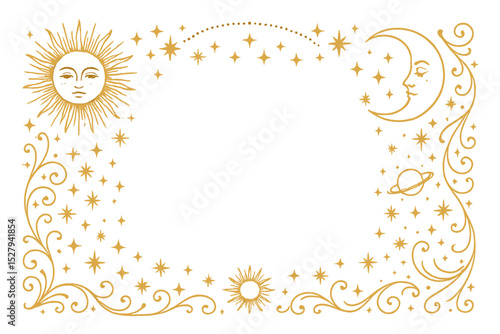 Golden sun and moon frame vector illustration featuring celestial bodies and star accents, isolated on white