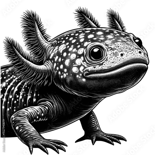 Axolotl headshot engraved illustration. Mexican axolotl detailed drawing shows unique features: feathery gills and spotted skin.  Axolotl image for biology textbook, nature documentary
