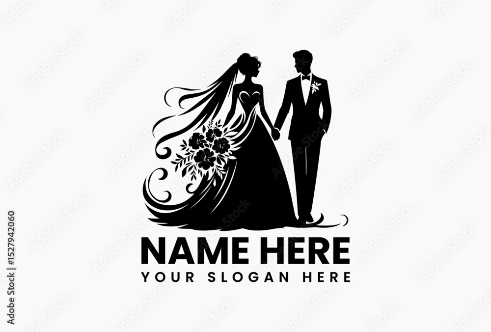 Fototapeta premium Elegant black silhouette vector logo of modern wedding couple holding hands with delicate floral decorations 
