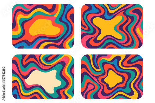 Colorful psychedelic rounded square backgrounds with retro wavy patterns and space for text, message, or logo
