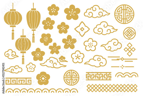 Golden chinese new year symbols set with lanterns, flowers, clouds and traditional borders