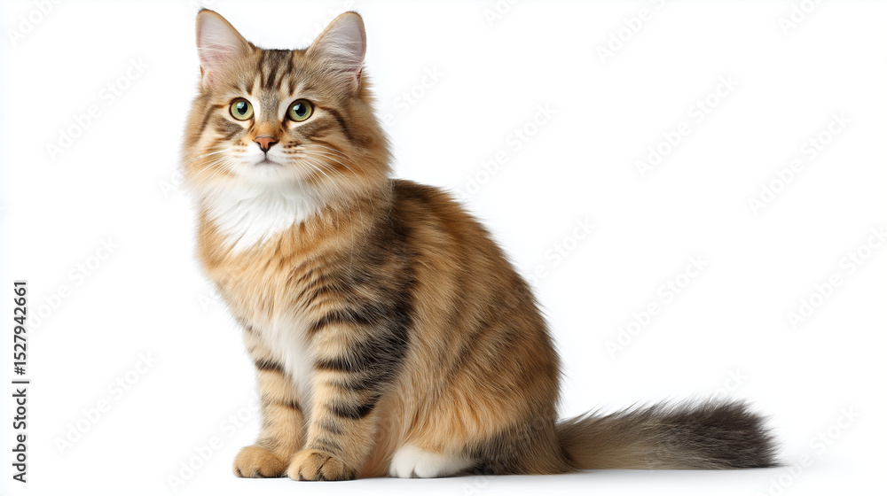 Obraz premium Verspielte Katze sitzt auf weißem Hintergrund, tierische Freude