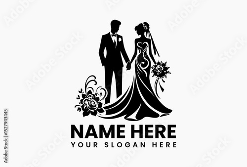Timeless wedding couple vector silhouette logo featuring holding hands pose with floral elements  