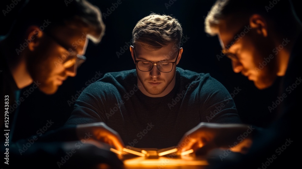 Obraz premium Focused young man studying with two friends at night.