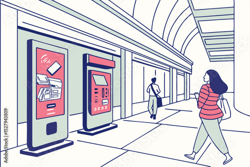Modern retail kiosk and digital signage in a shopping arcade