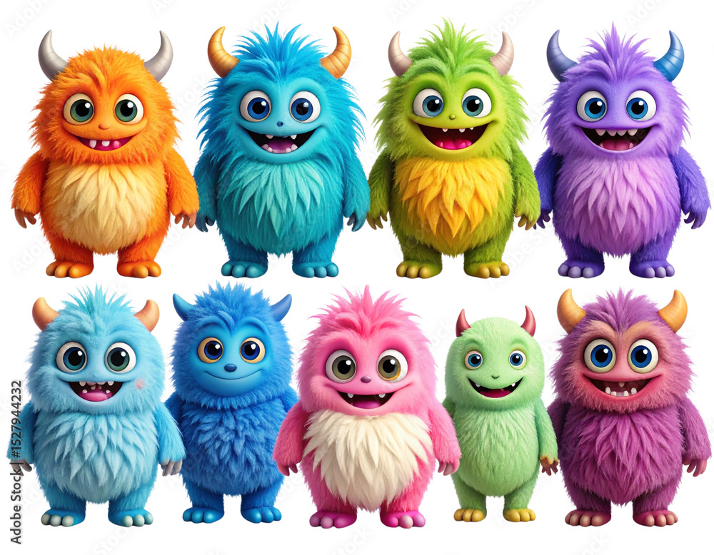 Fototapeta premium Cute and Colorful Fluffy Monster Elements Set, isolated on a transparent background.