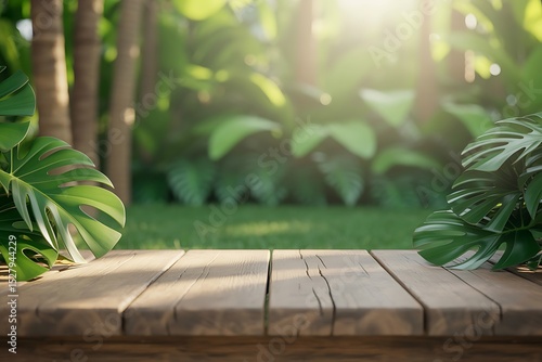 Wooden table in lush tropical garden setting