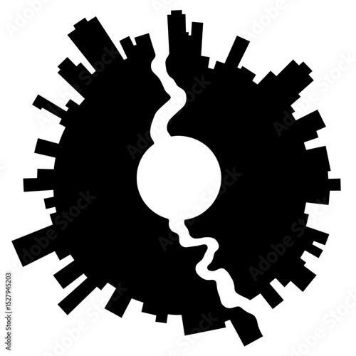 Silhouette of cracked city map, urban division on white background