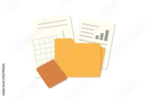Cute cartoon illustration of an yellow folder and documents on a white background