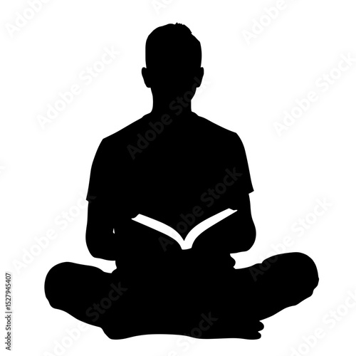 Silhouette of person reading book in meditative pose, mindfulness and relaxation