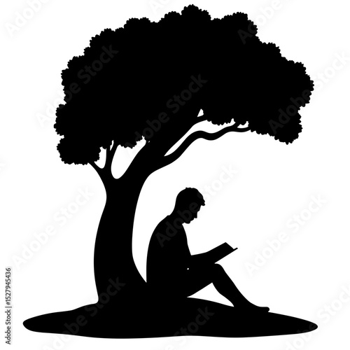 Silhouette of person reading under tree, self-help and reflection concept