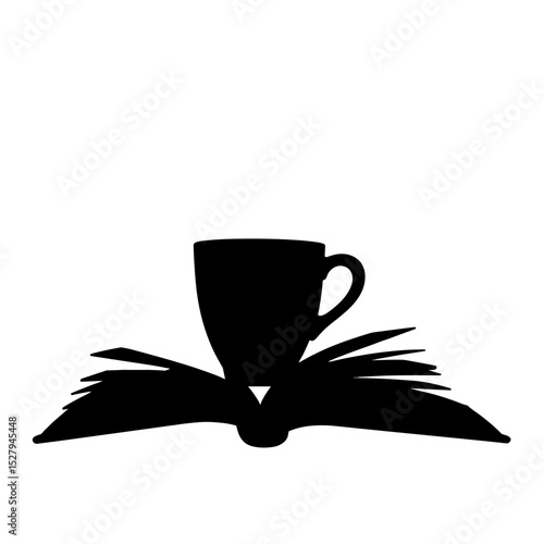 Coffee mug and open book silhouette on white background, relaxation and self-care