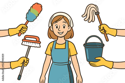 Smiling woman wearing apron surrounded by cleaning tools like duster, brush, mop, and bucket isolated